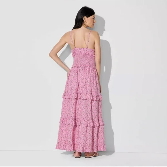 Wild Fable Smocked Maxi Dress Pink Floral Size M Tie Straps Ruffle Hem Cotton - Picture 2 of 11